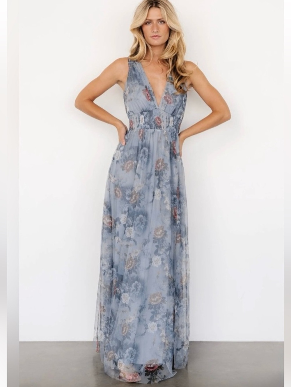 NWT Baltic Born Dress Womens Large Kamila Tulle Maxi Floral New Dusty Blue